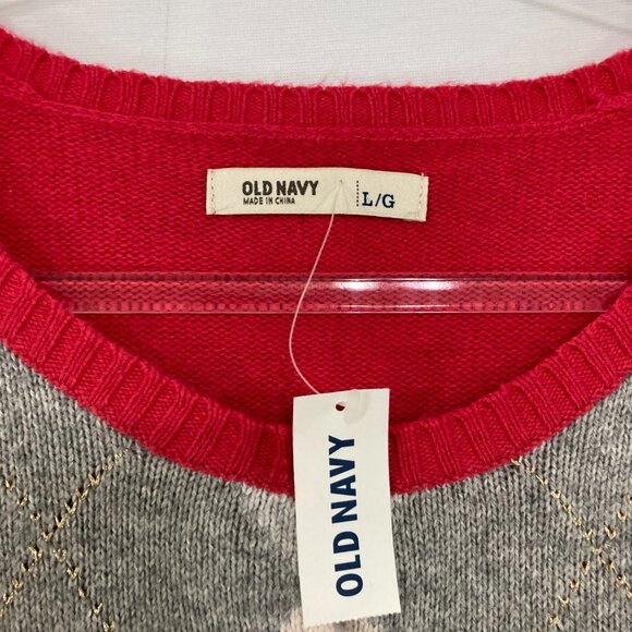 NWT Vintage Old Navy Large Red Gray Argyle Soft Knit Long Sleeve Cardigan Preppy - Picture 2 of 9